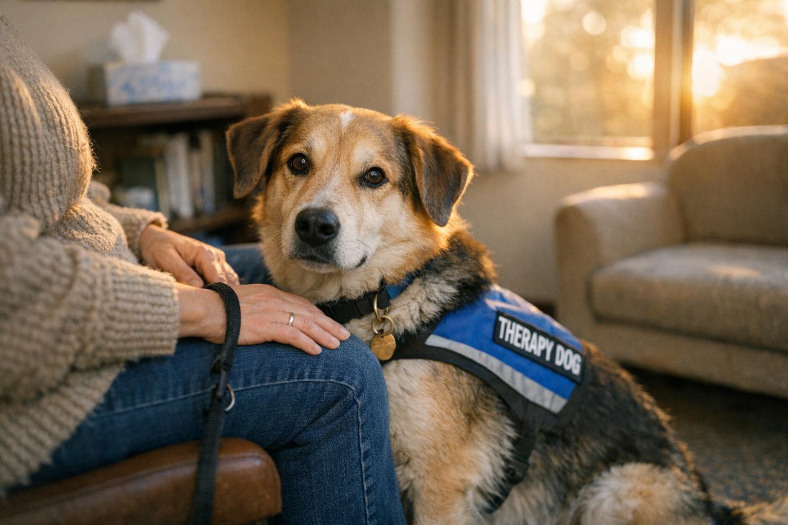 A therapy dog sitting calmly next to its handler in a counseling room, soft window light highlighting the dog's fur.