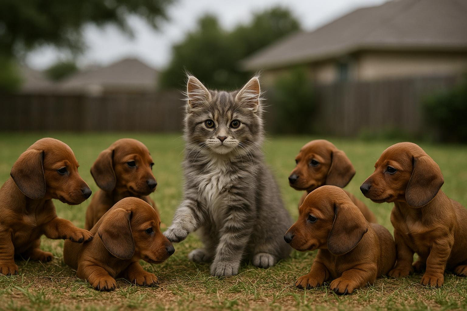 An 8-week-old Maine Coon kitten named Wednesday gently interacting with six 5-week-old Mini Dachshund puppies in a backyard setting