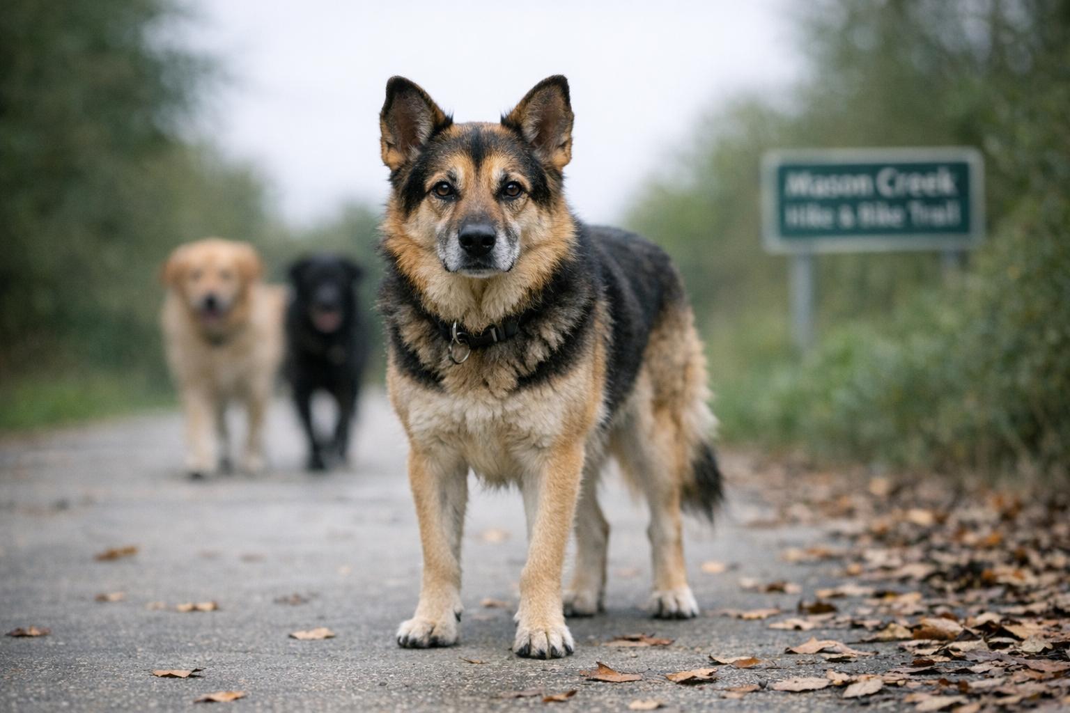 A dog on the Mason Creek Hike and Bike Trail with two blurred dogs in the background, soft overcast light