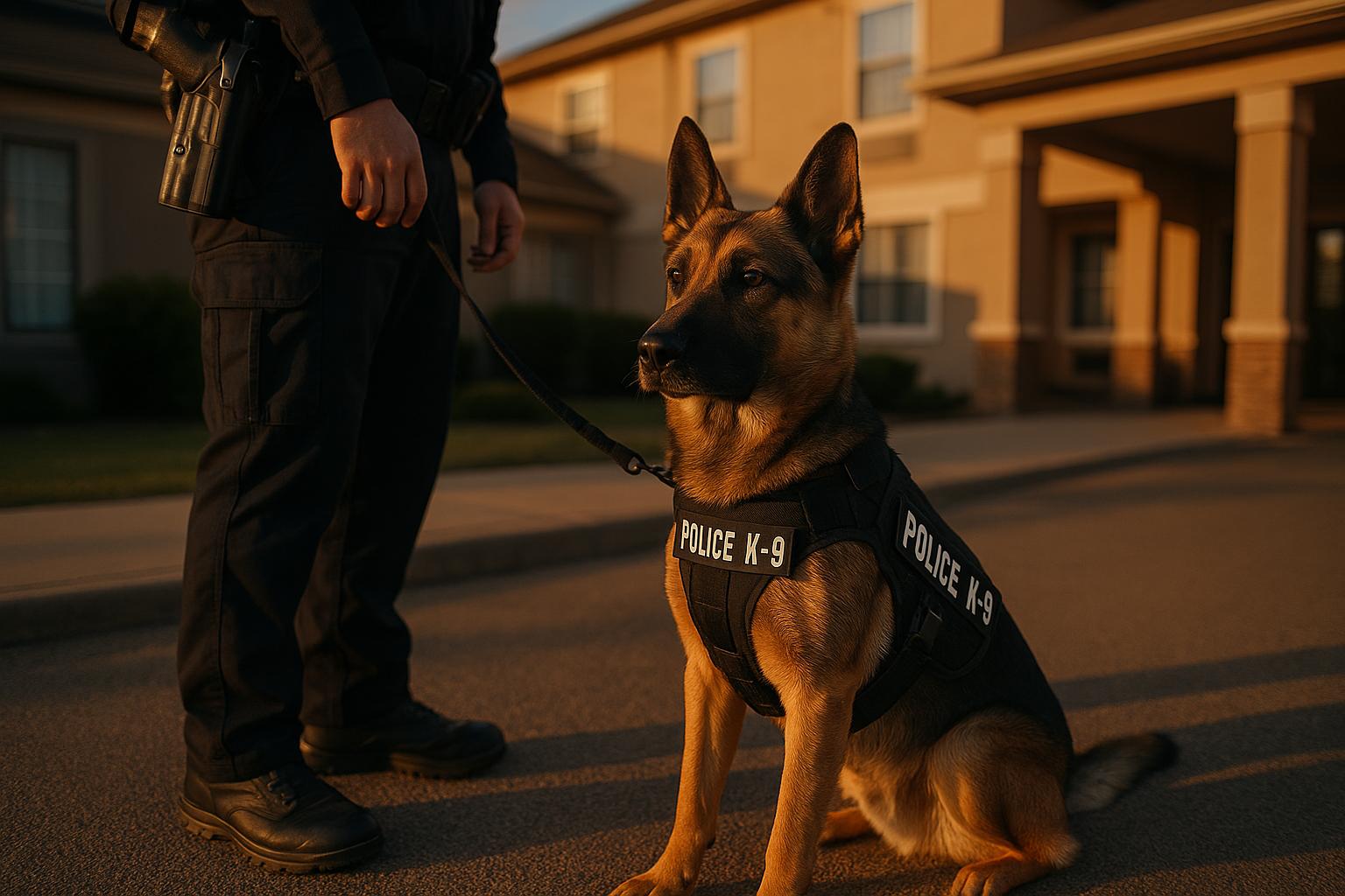 Police K9 sitting alert beside its handler outside a hotel at dusk