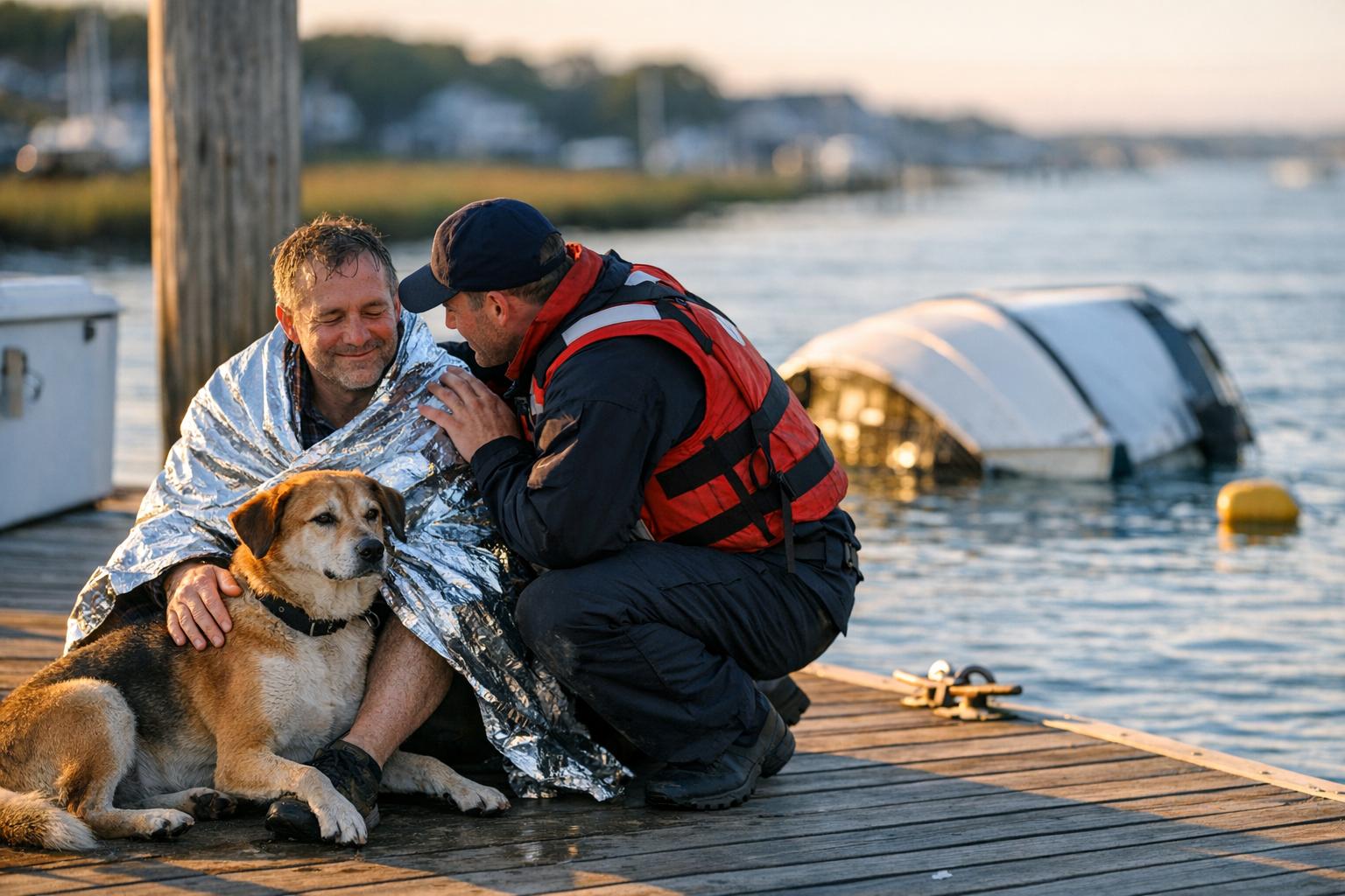 Rescued man wrapped in a thermal blanket with his dog on a marina dock as an overturned 20-foot boat rests anchored in the channel off Factory Point, Hampton.