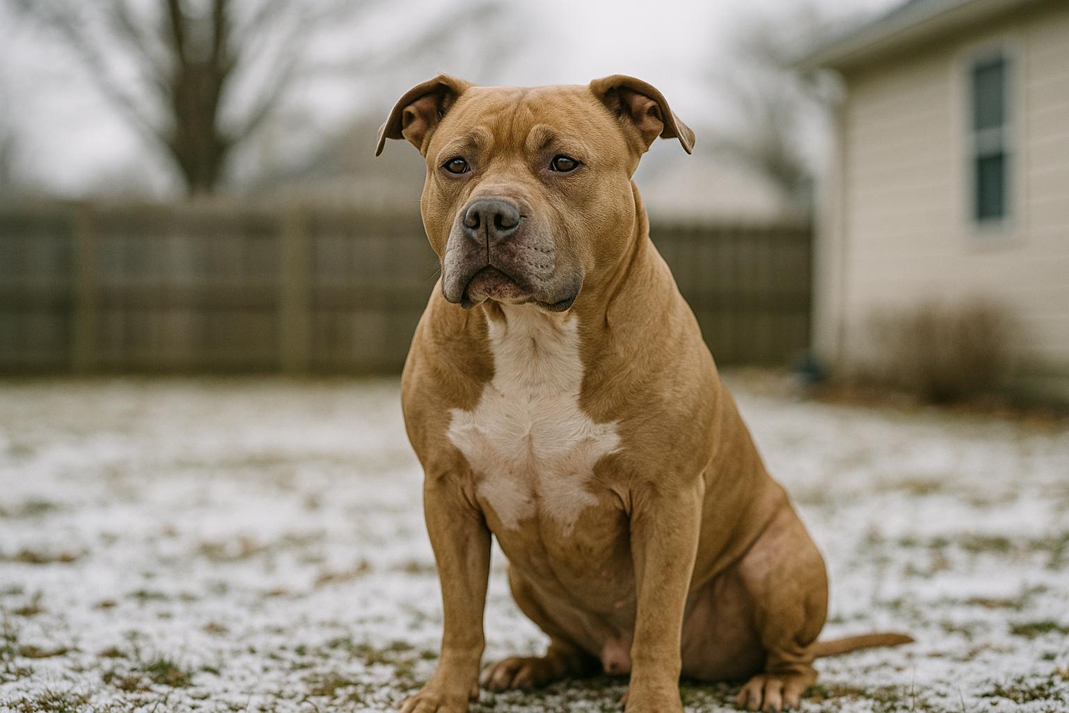 Pit bull sitting in a snow-dusted suburban backyard, neutral expression, overcast light