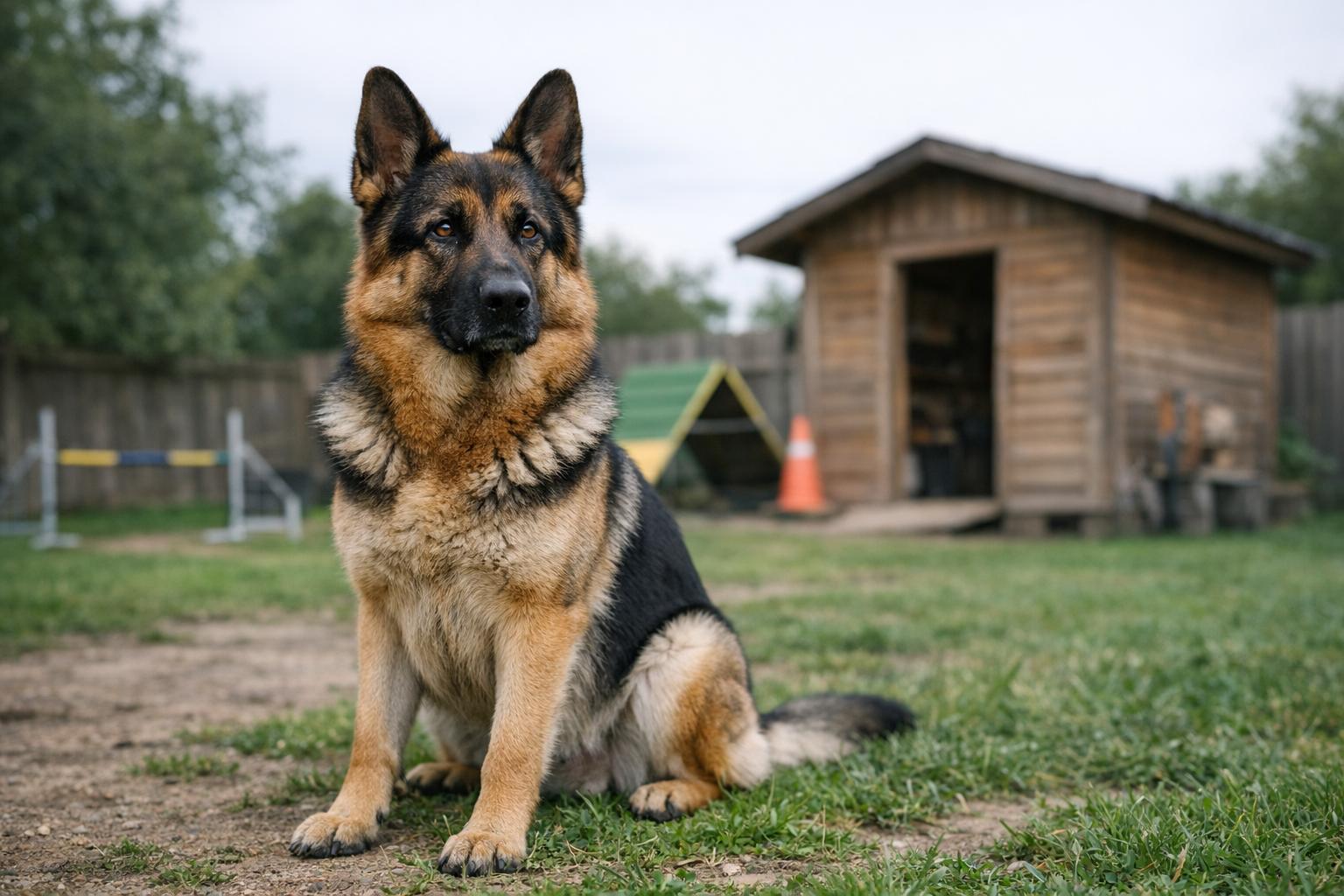 A German shepherd sitting alert in a suburban backyard training area near a small wooden shed, soft overcast light