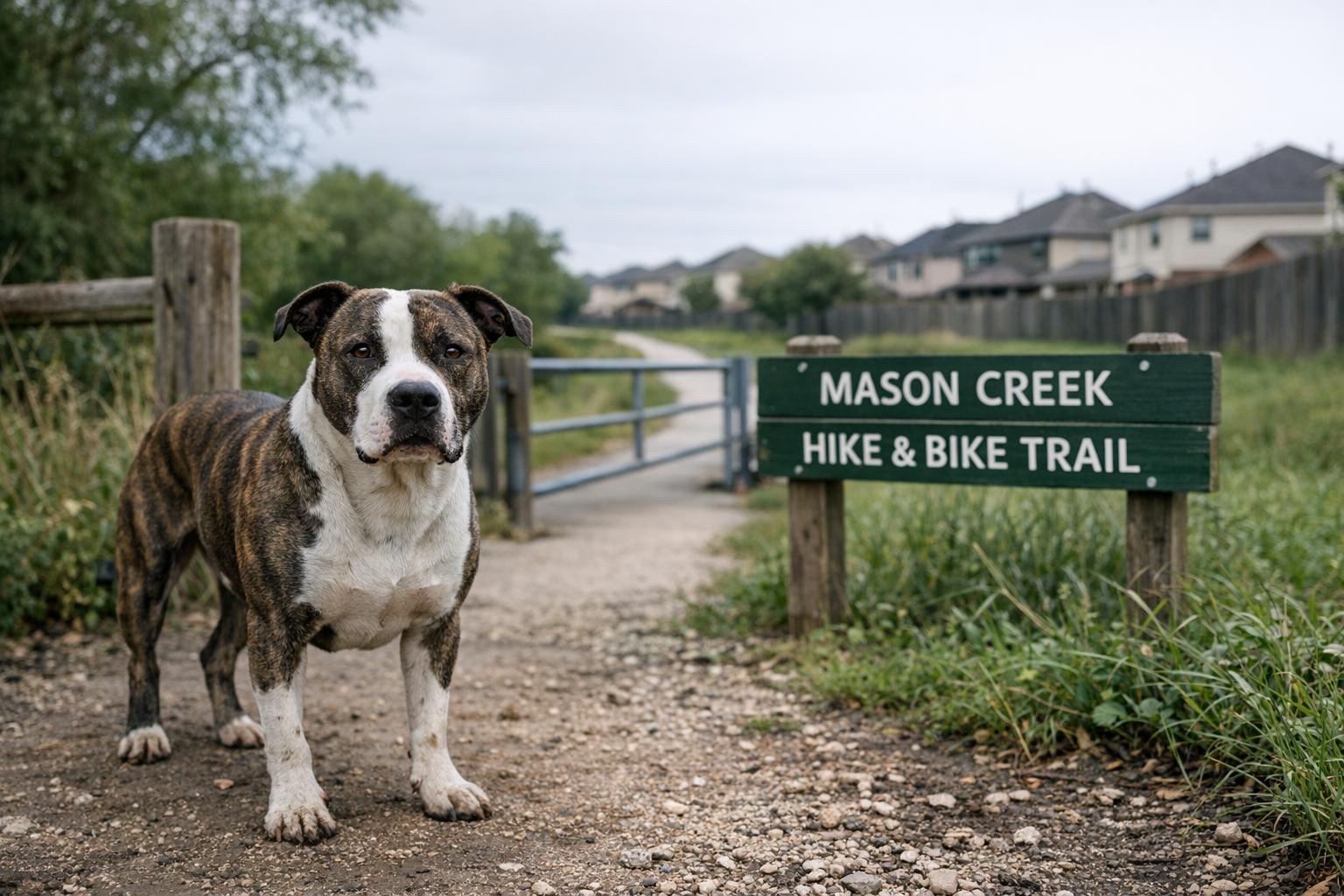 A mixed pitbull standing near the entrance to the Mason Creek Hike and Bike Trail in Katy, Texas, with houses visible in the background