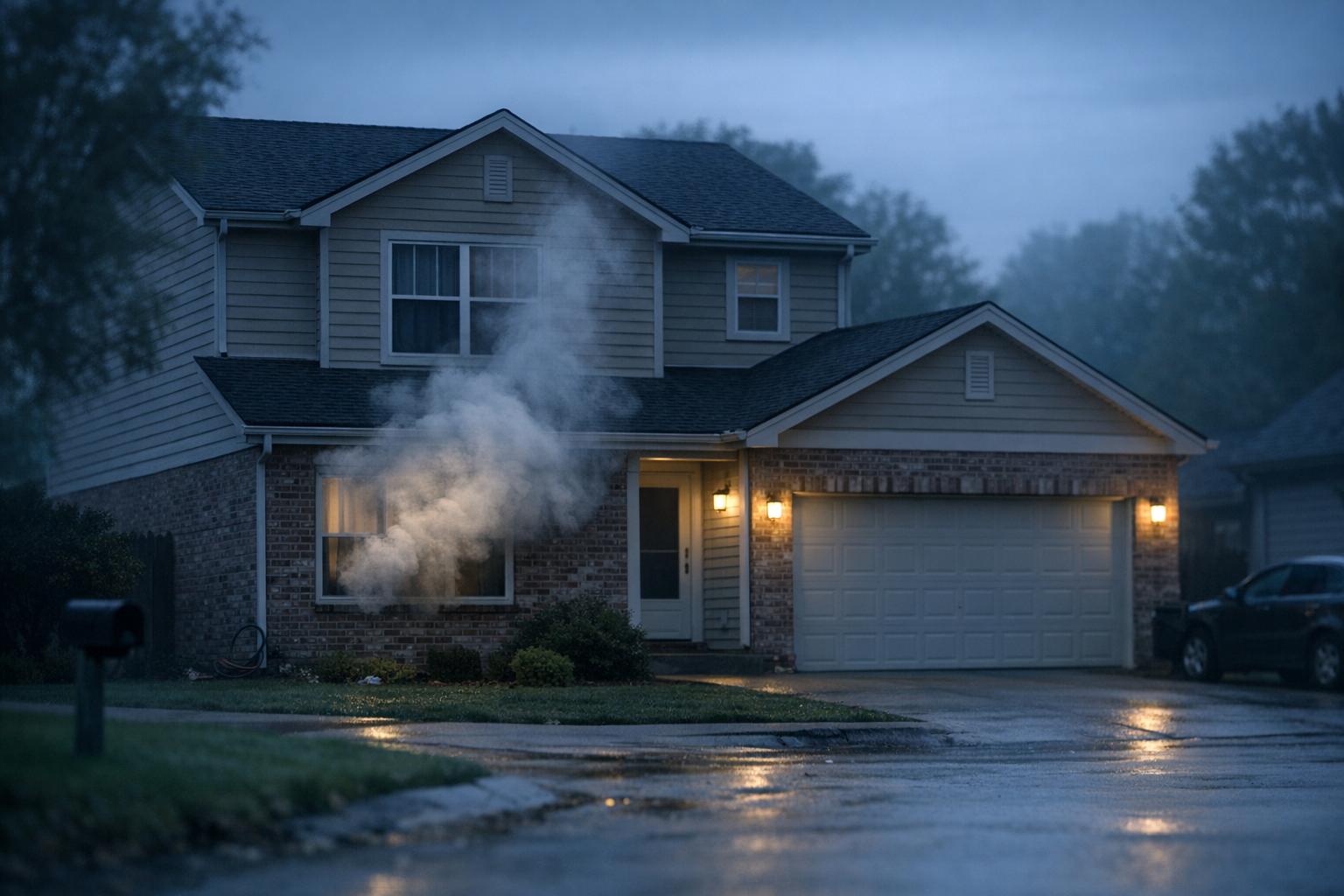 Suburban house at night with smoke visible through a ground-floor window; early morning street scene.