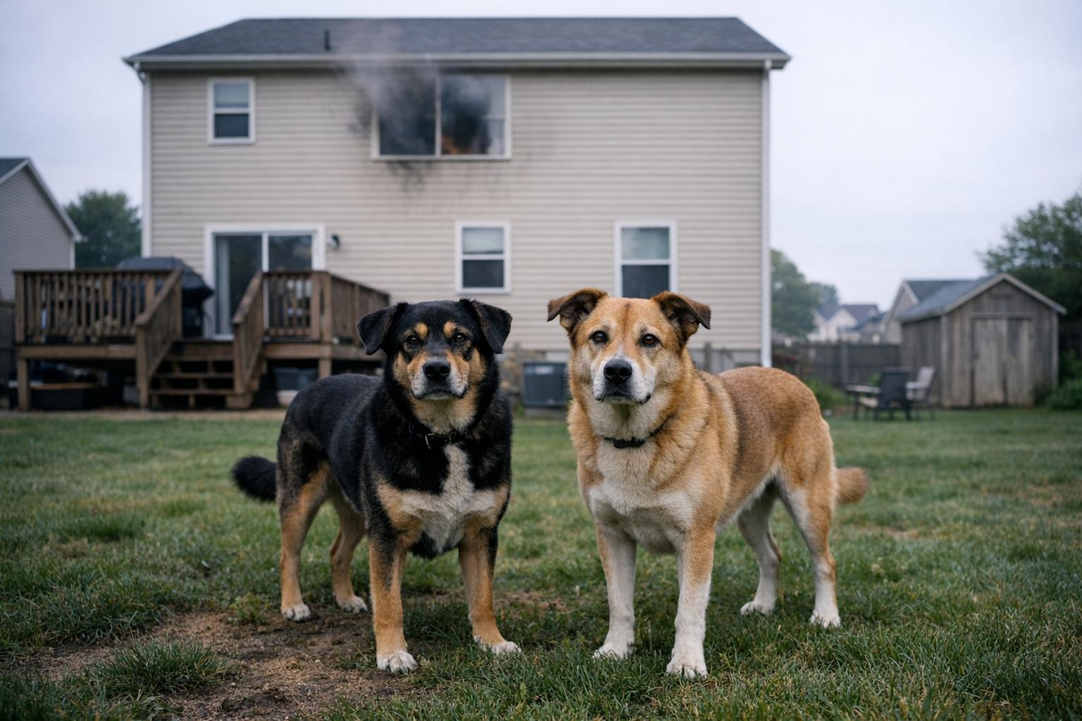 Two medium-sized mixed-breed dogs standing on a suburban backyard lawn outside a house with light smoke residue visible in an upstairs window.