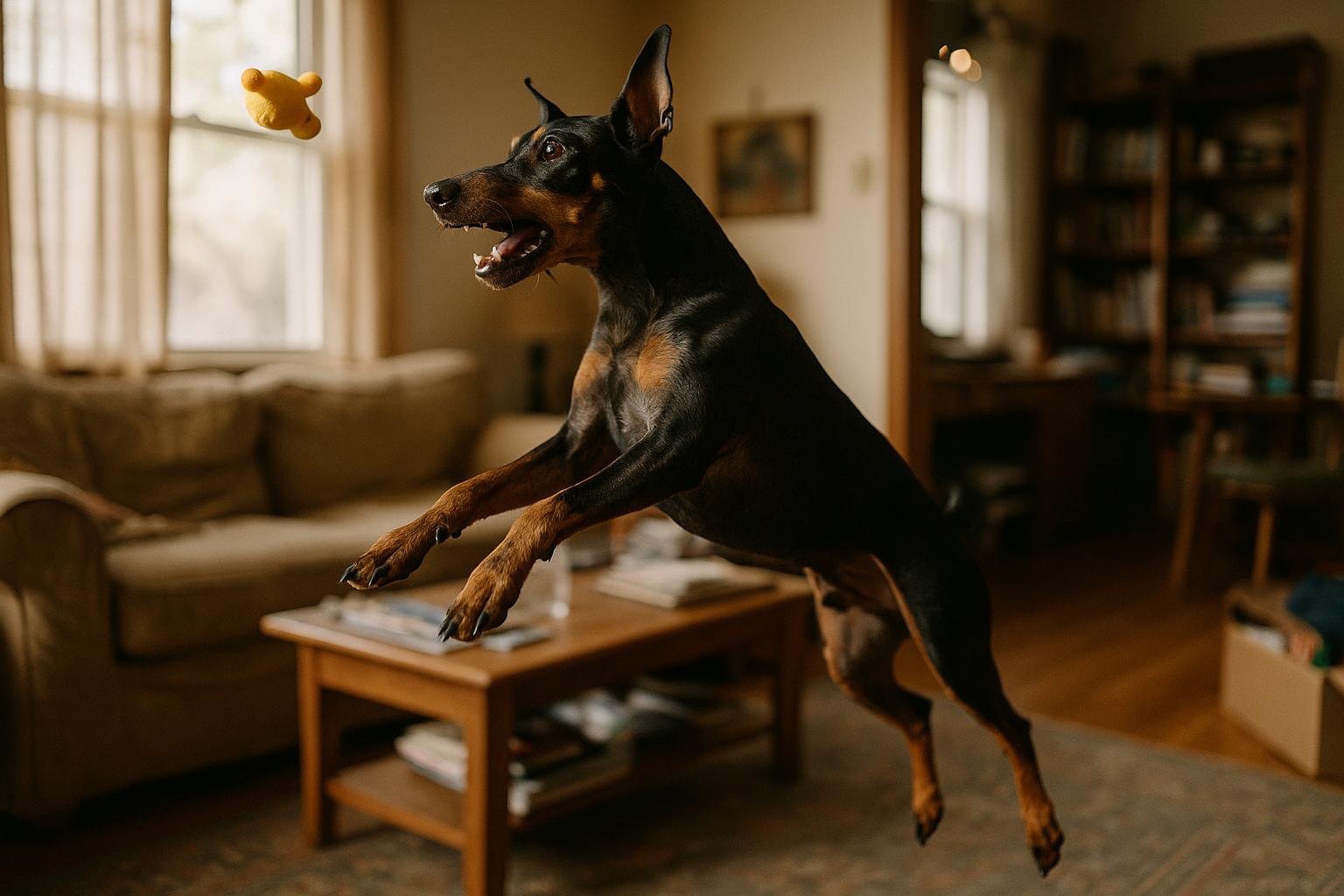 Manchester Terrier mid-leap in a living room reaching for a yellow squeaky toy, captured mid-action.