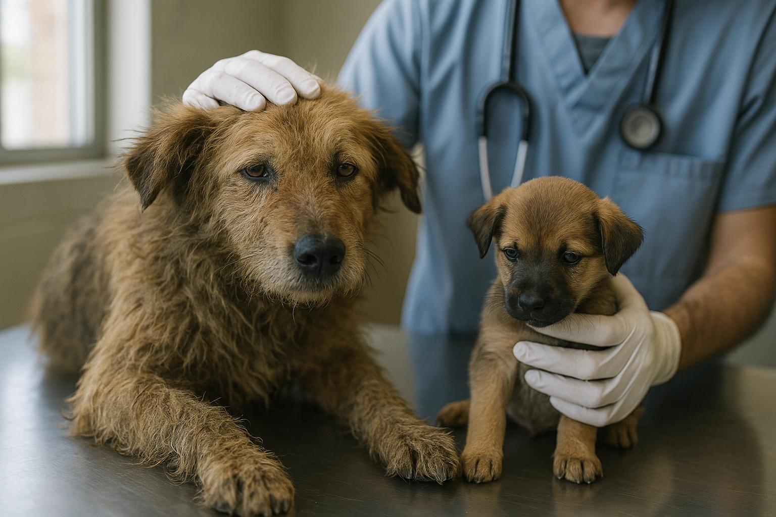 A mixed-breed adult dog with matted fur and a small puppy being examined on a veterinary exam table in a shelter clinic.