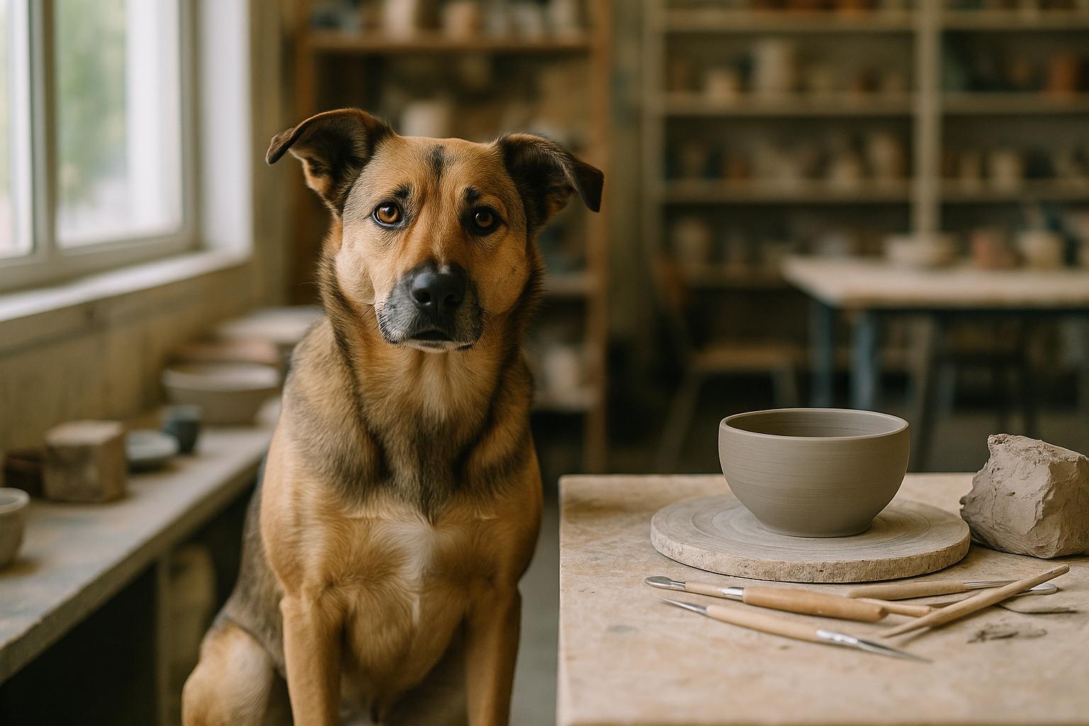 A mixed-breed shelter dog beside a pottery table in a community art studio, natural window light, clay bowls in progress