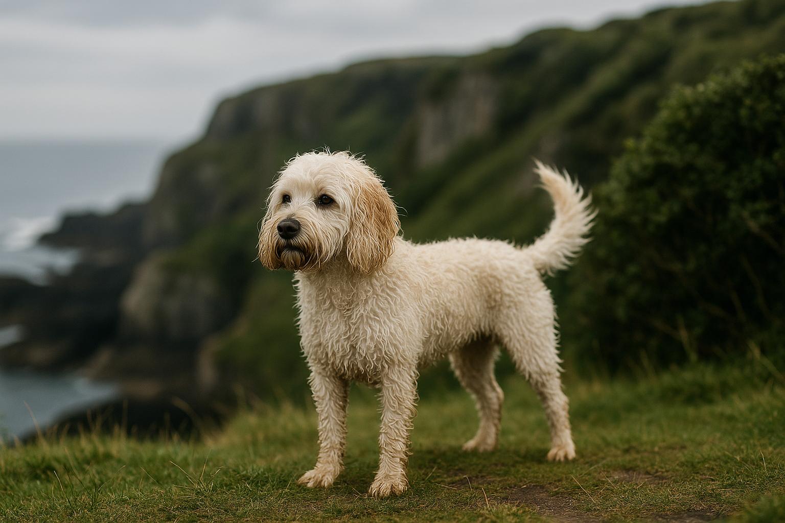 White cockapoo standing on a grassy clifftop near rocky cliffs, wet fur and wagging tail