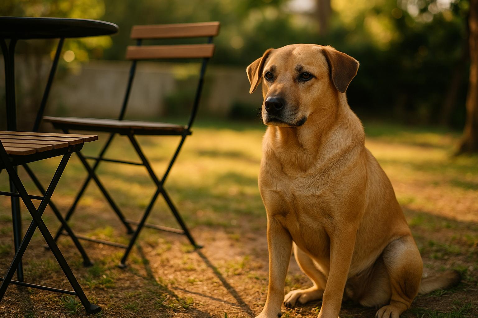 Mara, a calm mixed-breed tan dog, sitting beside café-style chairs in a shaded backyard on Lantau Island