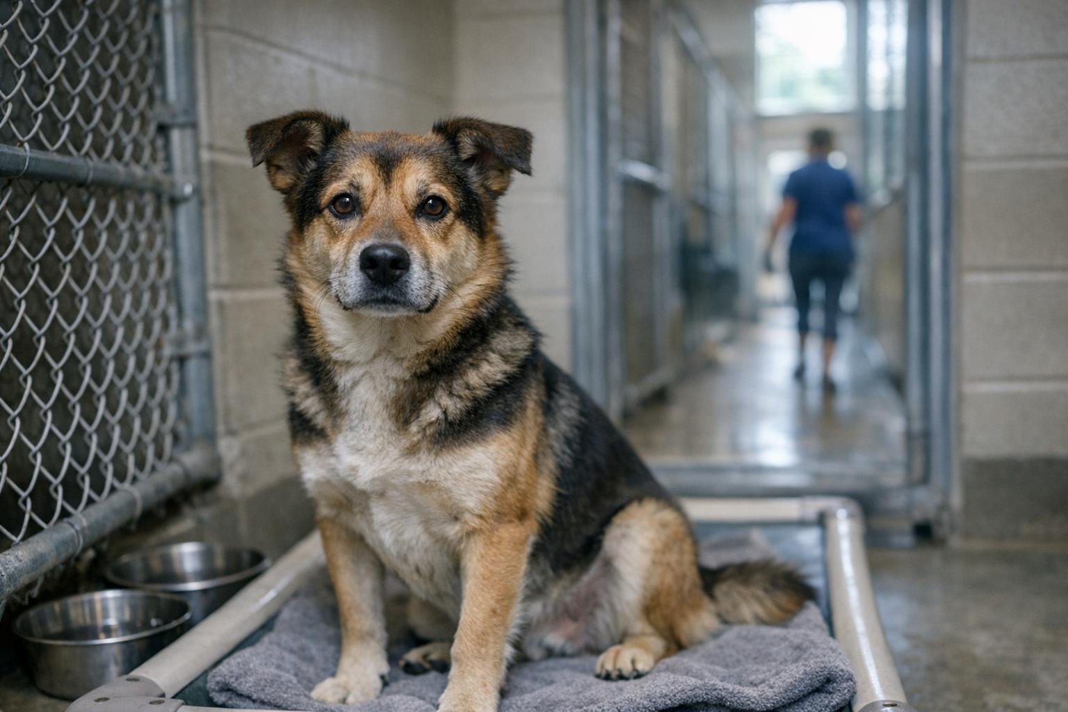 A medium-sized mixed-breed dog sitting calmly in a shelter kennel, photographed in natural light.