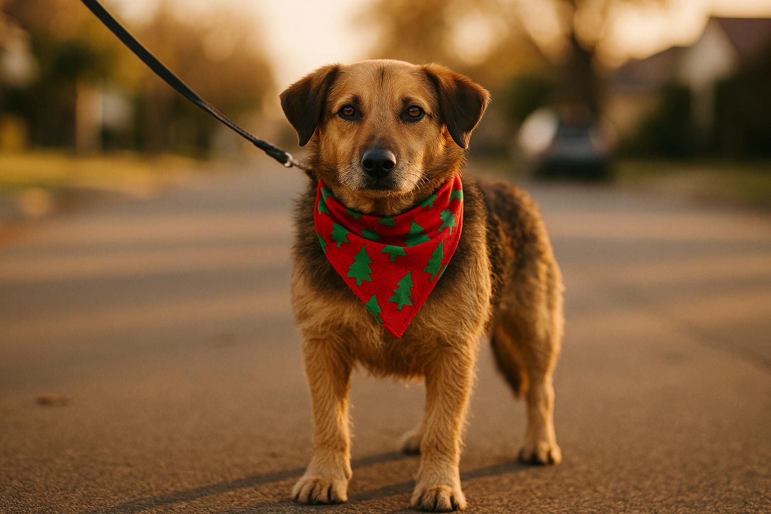 A shelter dog wearing a red-and-green bandana on a leash during a parade lineup in late afternoon light.