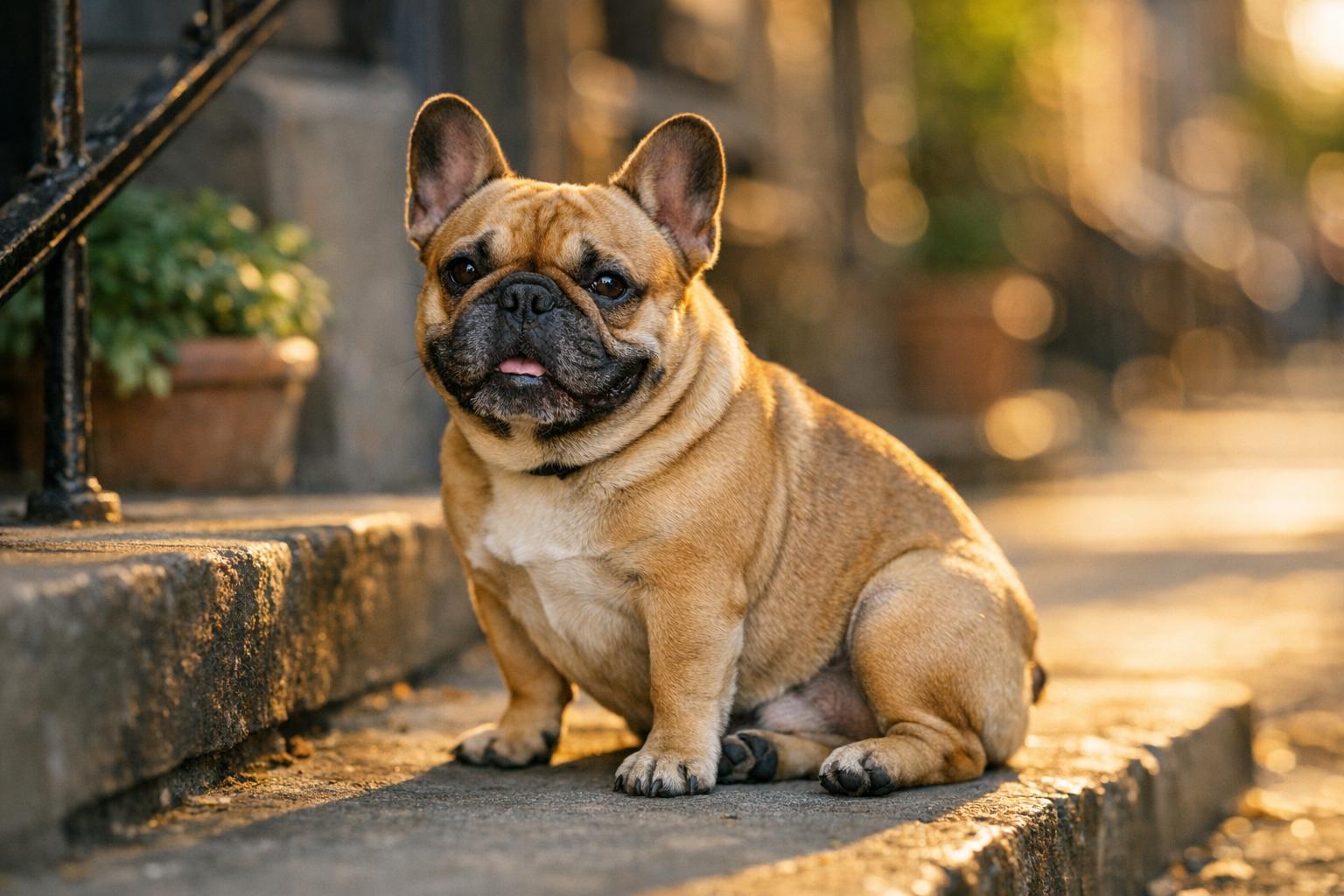 French Bulldog sitting on an urban stoop in golden hour light, showing its compact build and short coat.