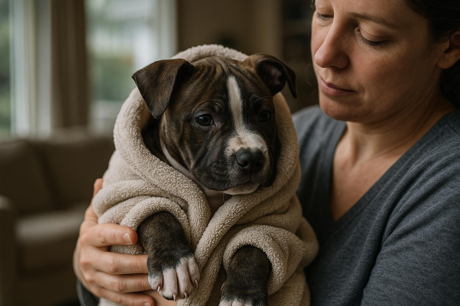 A 12-week-old Staffordshire terrier or pit bull puppy wrapped in a towel and cradled in a foster mom's arms in a softly lit living room