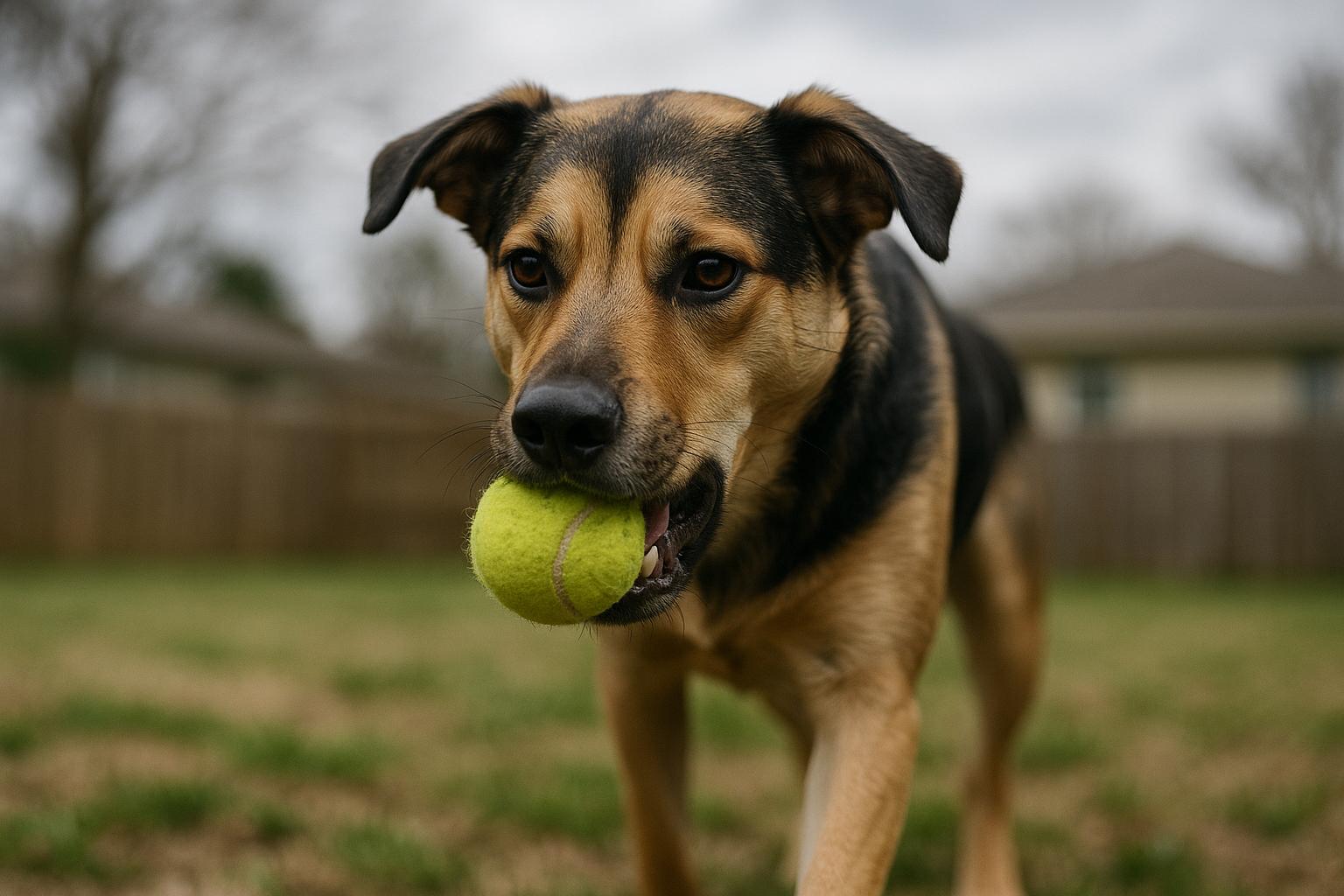 Marlin, a two-year-old mixed-breed dog, holding a tennis ball in his mouth in a backyard, looking alert and focused