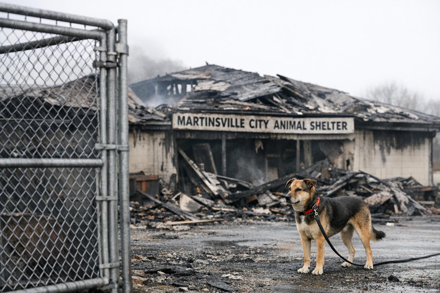 Charred exterior of Martinsville City Animal Shelter with damaged roof and an empty kennel gate in the foreground; a leashed mixed-breed shelter dog stands nearby.