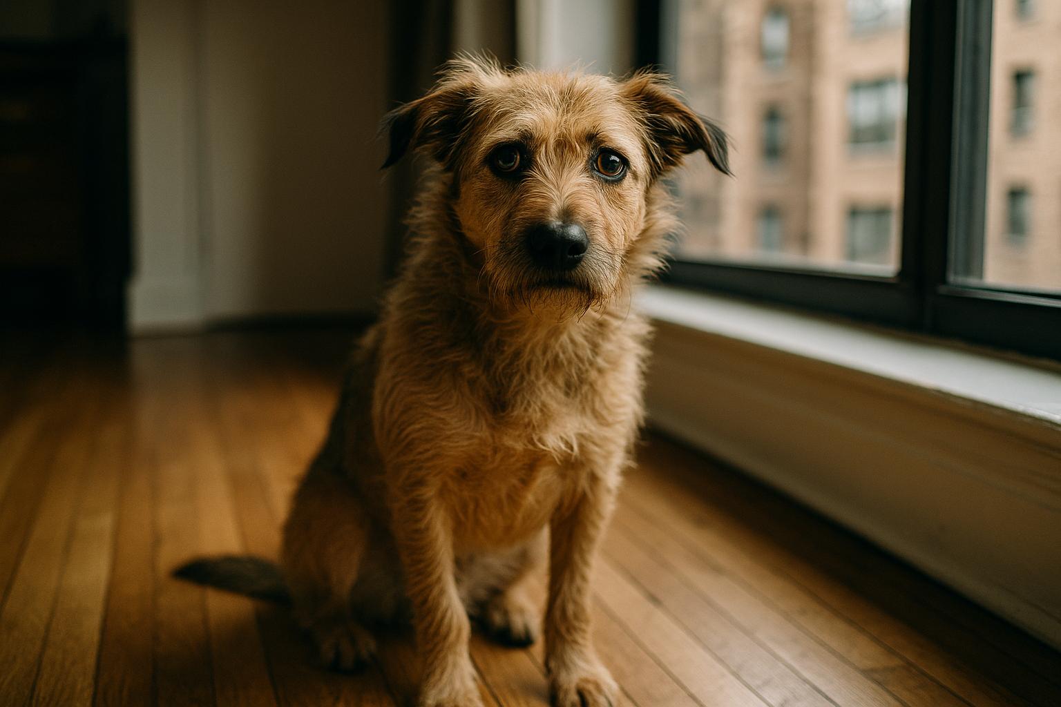 Marvin, an anxious mixed-breed dog, sitting attentively on the floor of an Upper West Side apartment near a window
