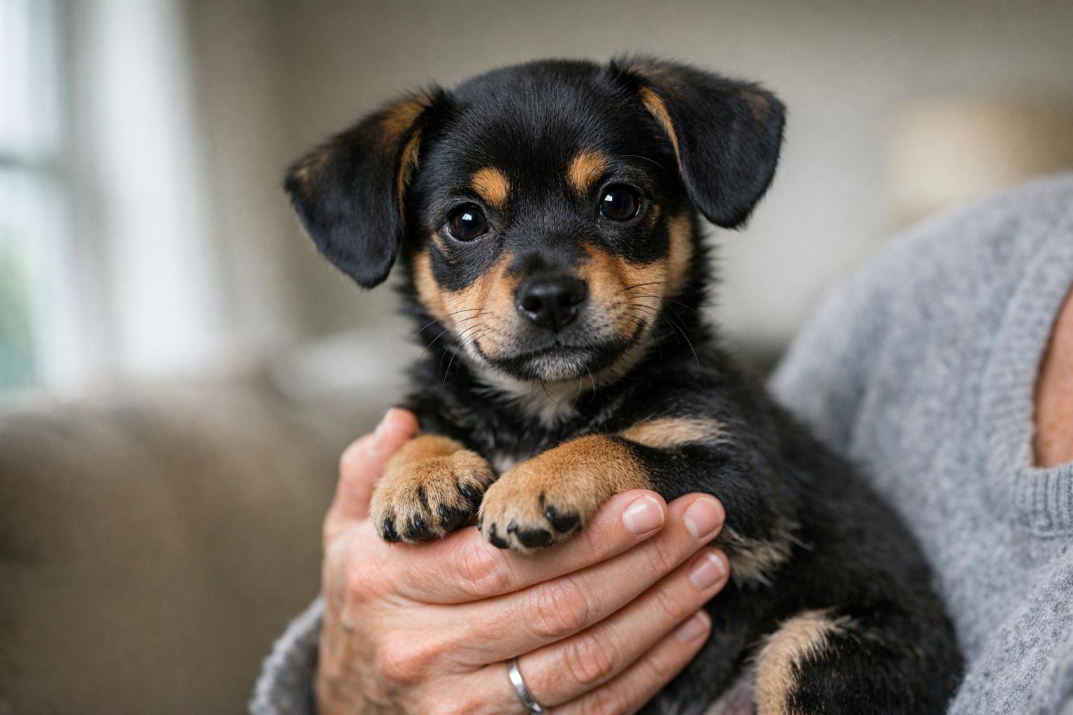 Milicent, a 12-week-old Chiweenie mix puppy, being held by a foster volunteer in soft window light