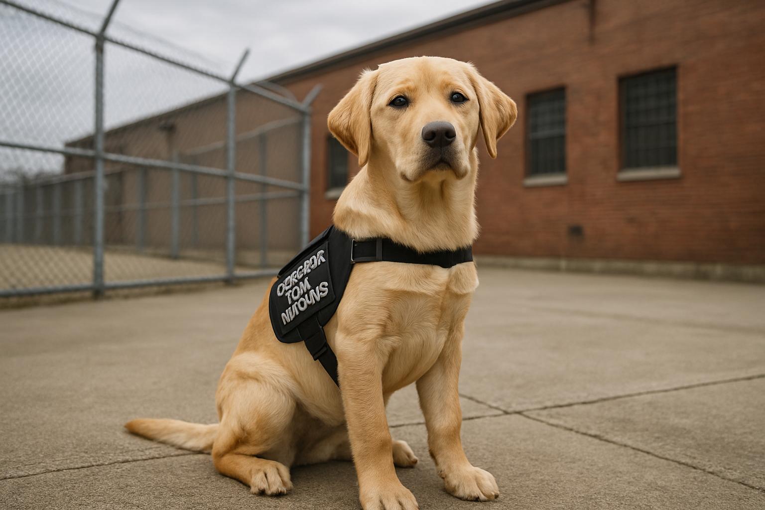 Service dog in training sitting attentively in a correctional facility courtyard at MCI‑Framingham