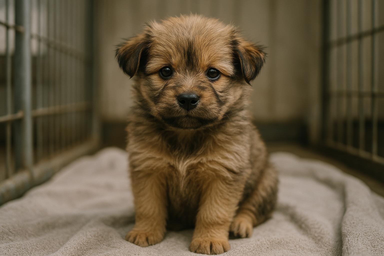 Portrait of Sydney Bear, a small fluffy six-week-old puppy, sitting on a blanket in a shelter kennel