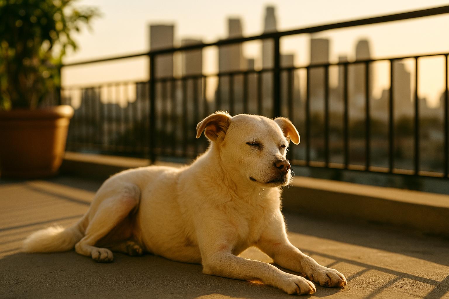 Lamby, Lena Dunham's adopted dog, lying calmly on a sunlit downtown Los Angeles rooftop patio