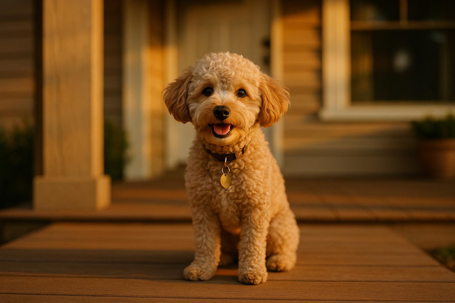 Maximus, a one-year-old poodle mix, sitting on a porch with a happy expression and soft, curly fur.
