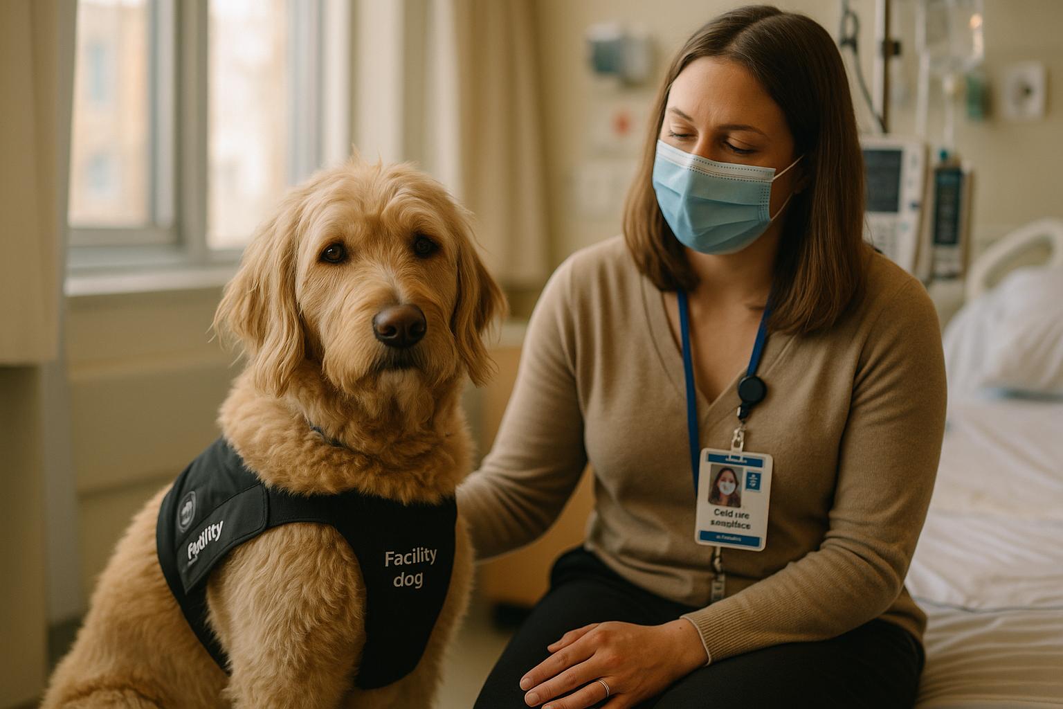 Sugar, a golden retriever/labradoodle facility dog, sitting beside a Child Life specialist in a pediatric hospital room