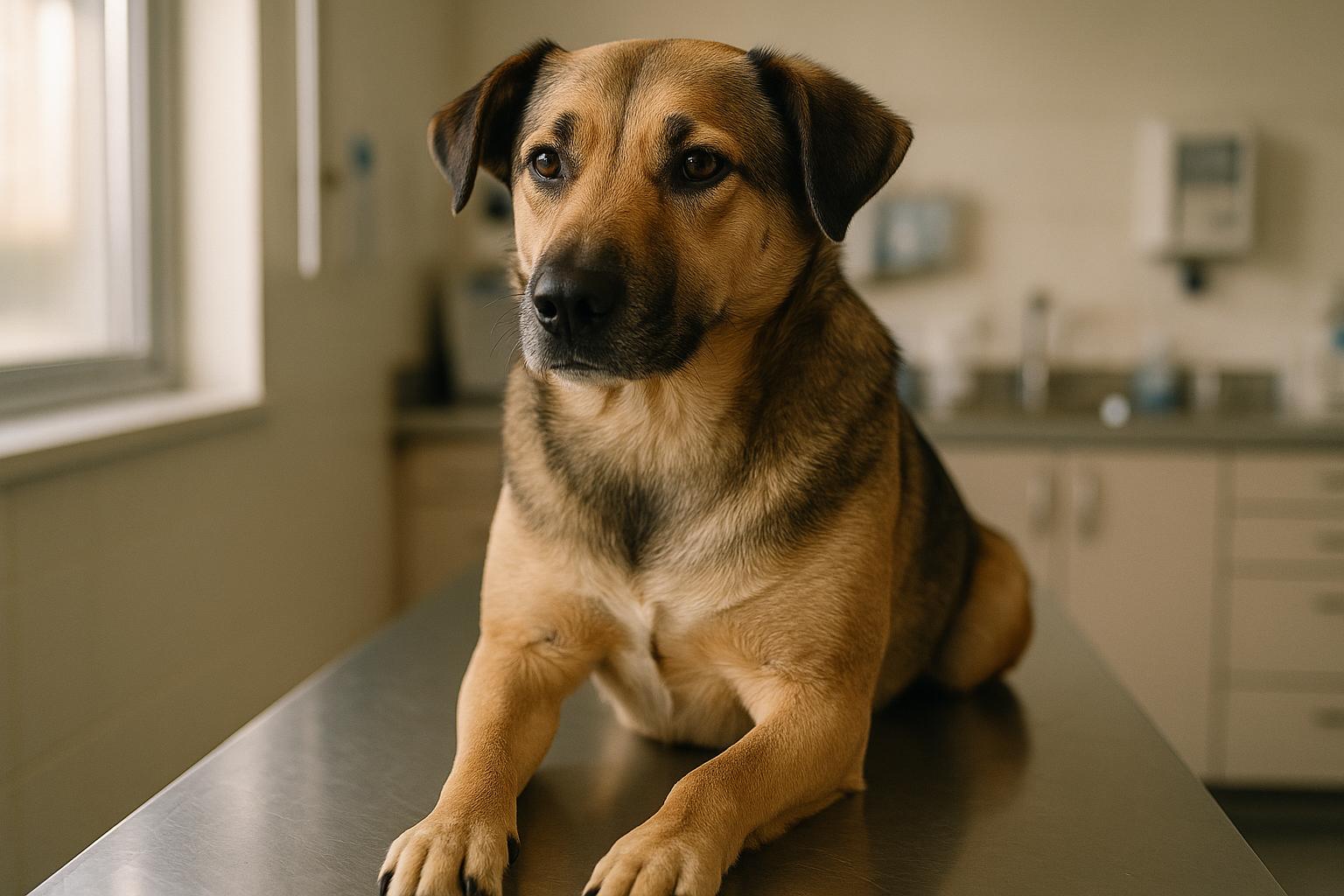 Medium-sized mixed-breed dog sitting calmly on a veterinary exam table in natural window light