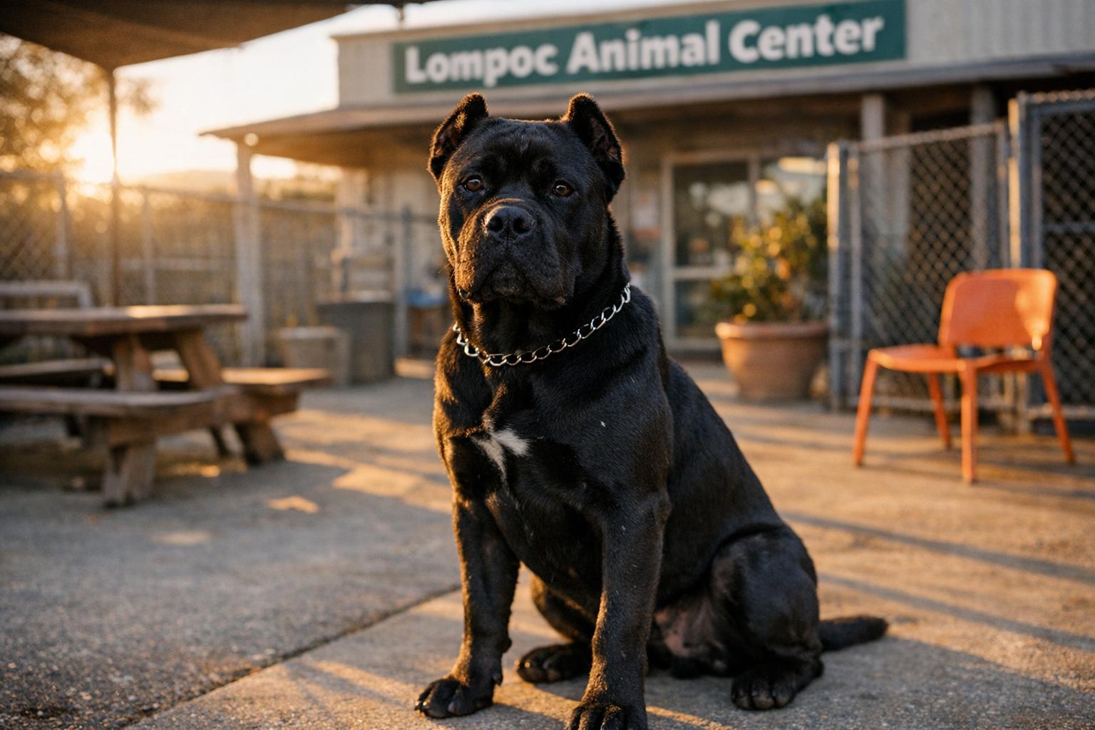 Ten-month-old black Cane Corso sitting attentively in an outdoor shelter meet-and-greet area during golden hour