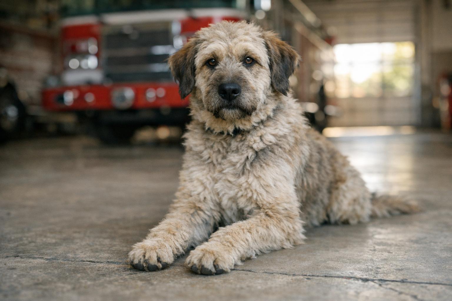 Rigs, a 1-year-old Poodle/South African Mastiff mix, sitting calmly in a fire station bay