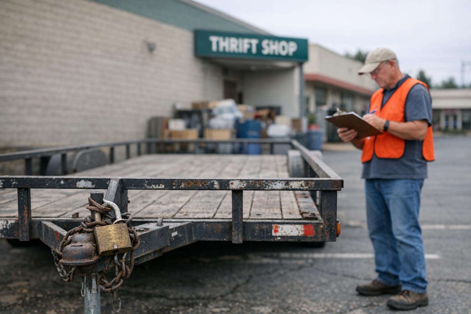Empty locked flatbed trailer parked behind a thrift shop in Broken Arrow near 81st Street and Elm Place