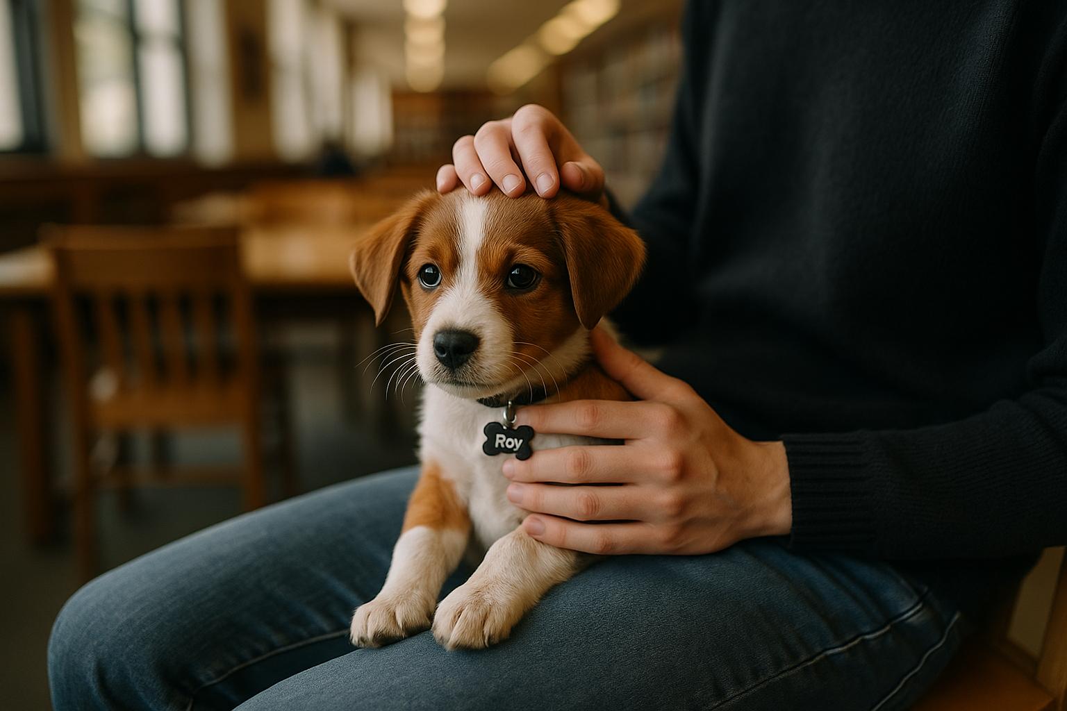 A student pets Roy, a small brown-and-white puppy, in the University of Memphis library reading room during a therapy dog visit.