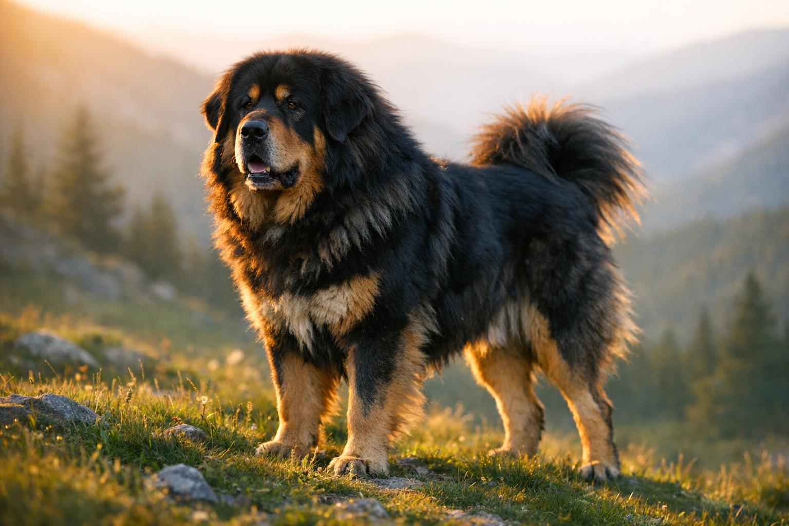 Tibetan Mastiff standing on a grassy hill at golden hour