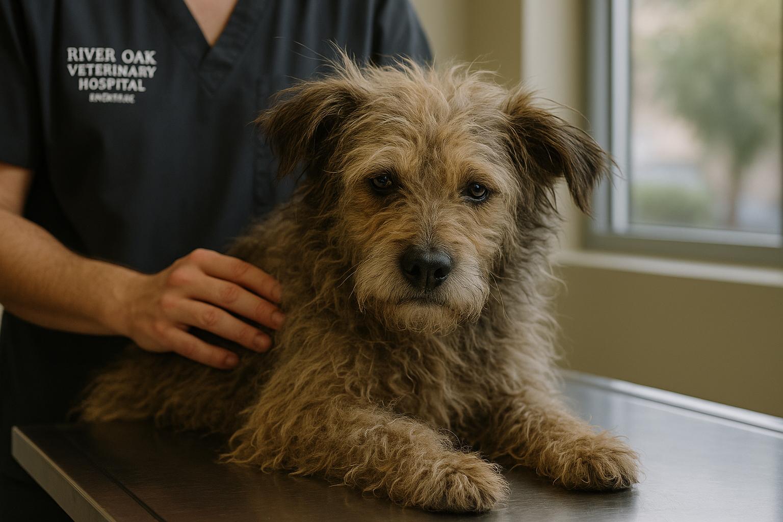 A mixed-breed dog with matted fur receiving veterinary care on an exam table at River Oak Veterinary Hospital in Riverbank