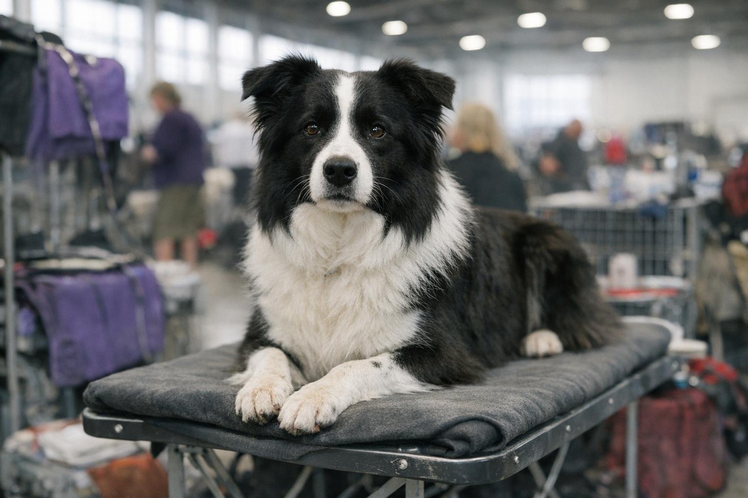 Crave the Border Collie sitting calmly on a grooming table in a dog show benching area