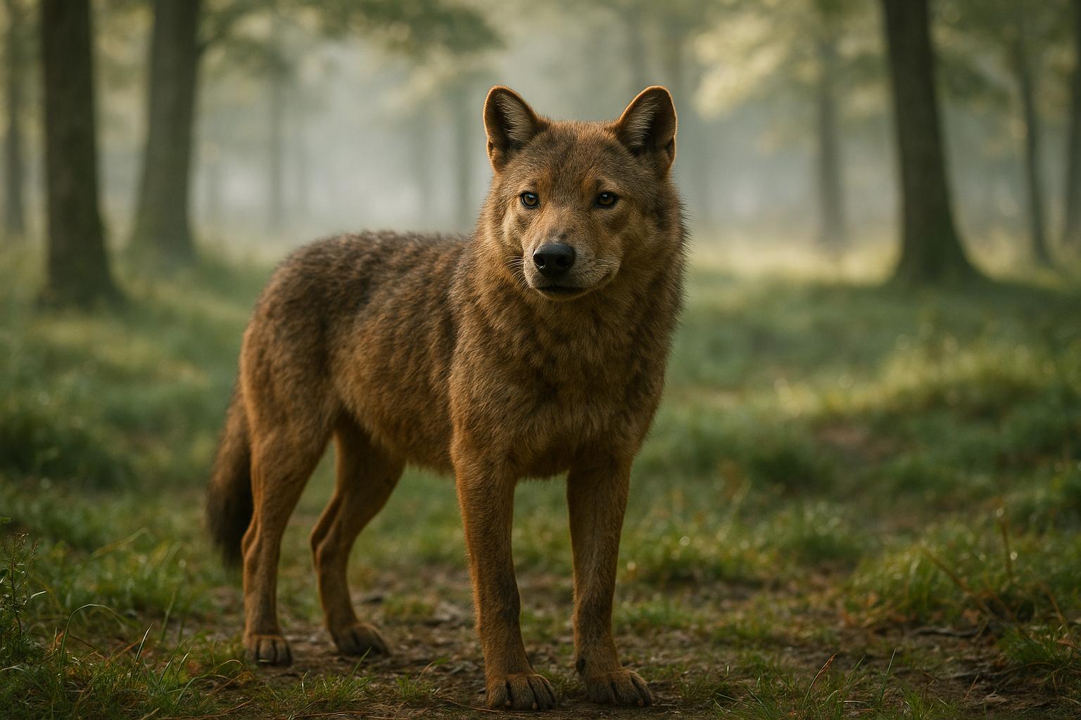 A medium-size, brushy-coated canid standing alert in a misty forest clearing, representing early dog ancestors