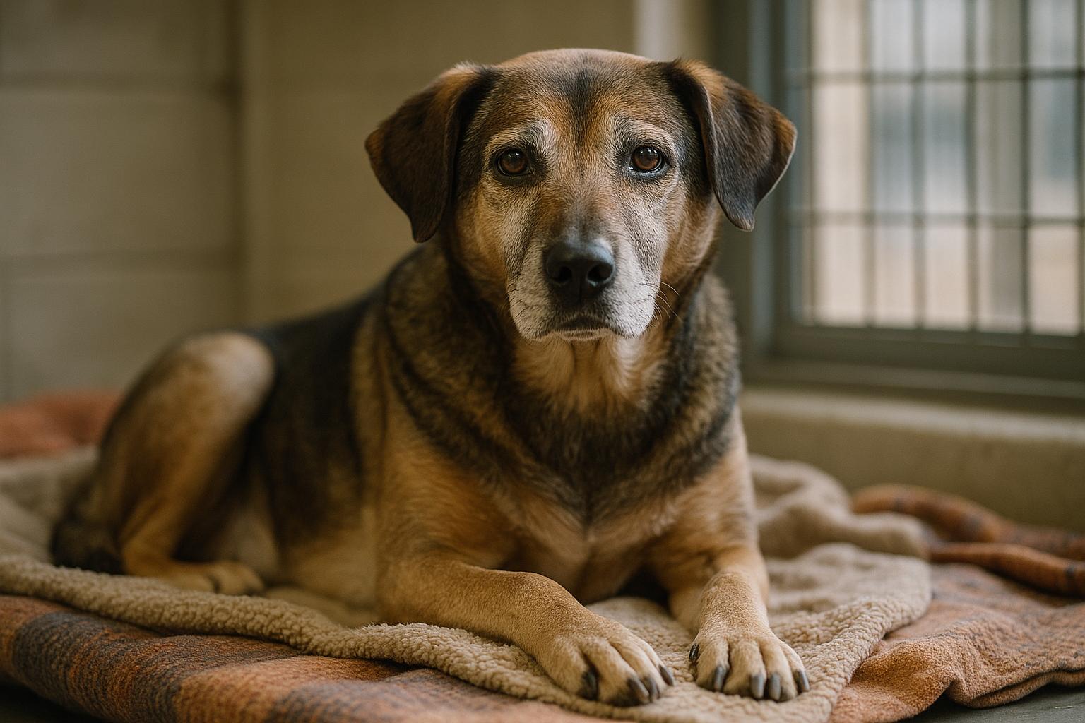 Senior mixed-breed dog sitting on a cozy blanket in a shelter adoption area, calm expression