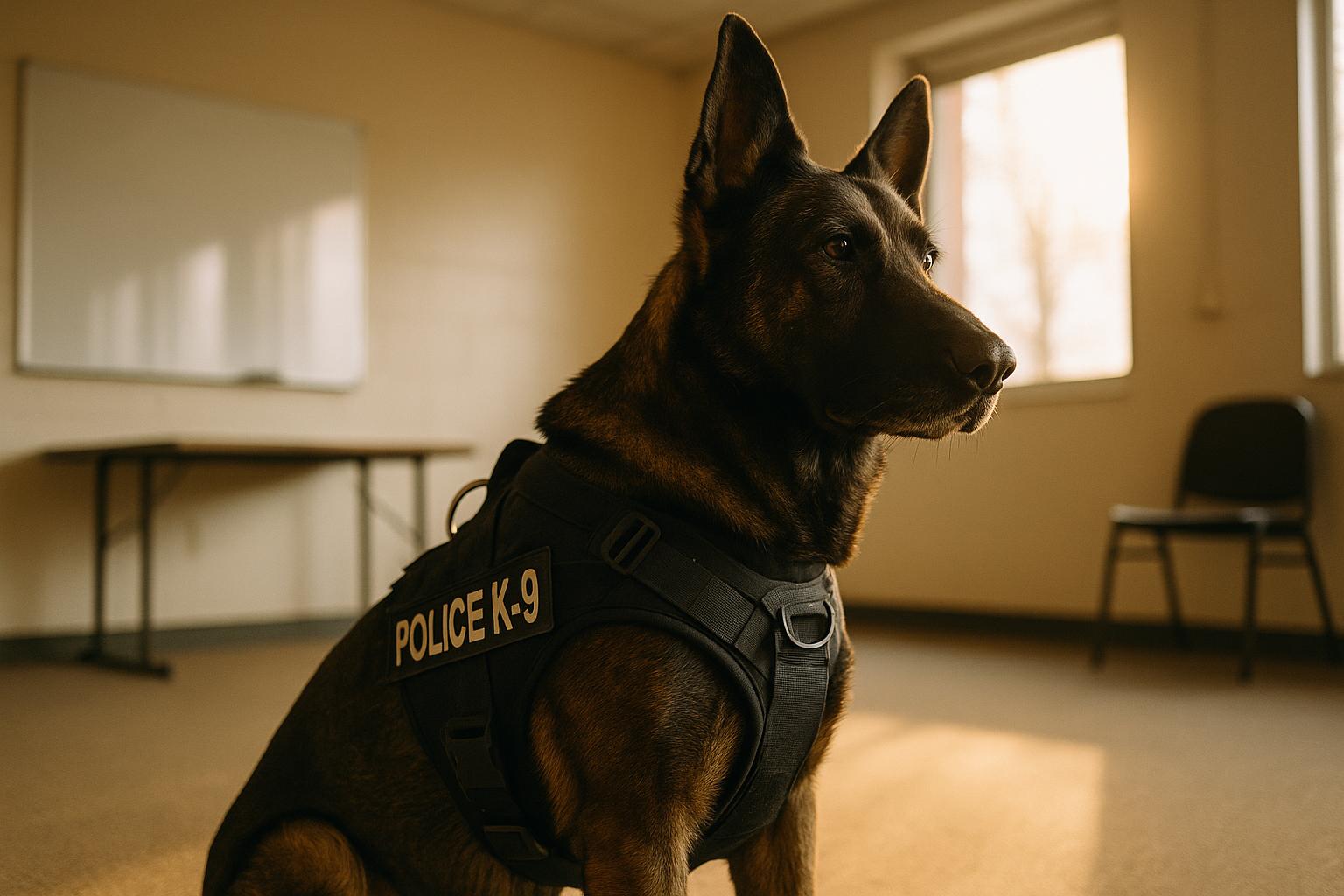 A calm working police K9 in a harness sitting in a training room with sunlight through a window.