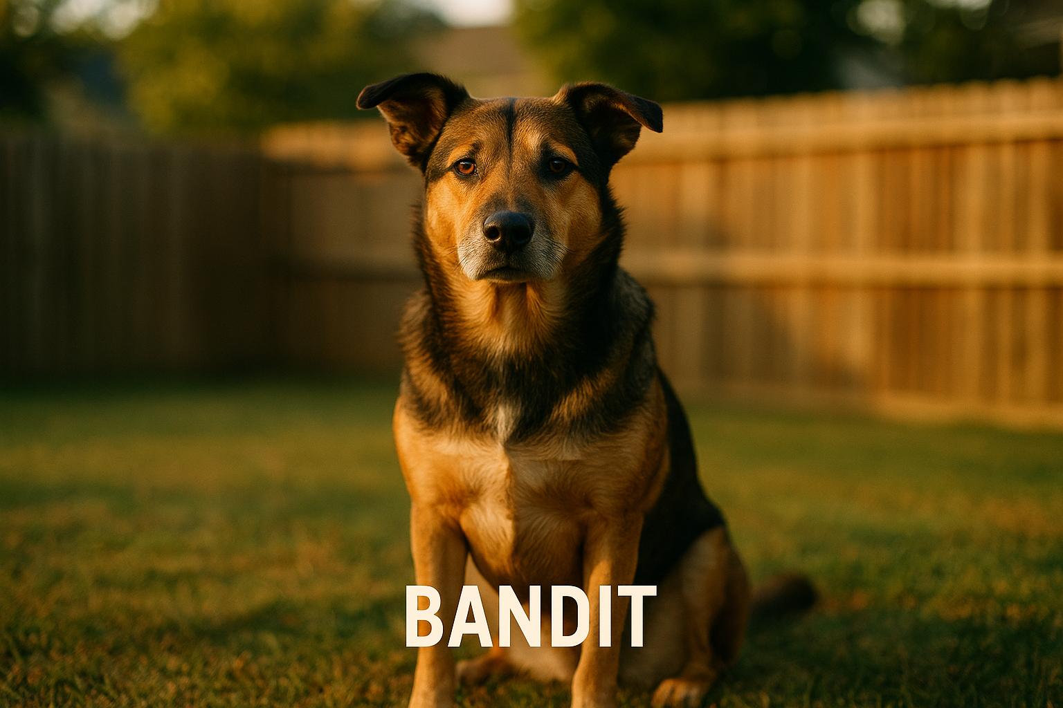 Portrait of Bandit, a medium-sized adult dog, sitting in an Atlanta backyard during golden hour.