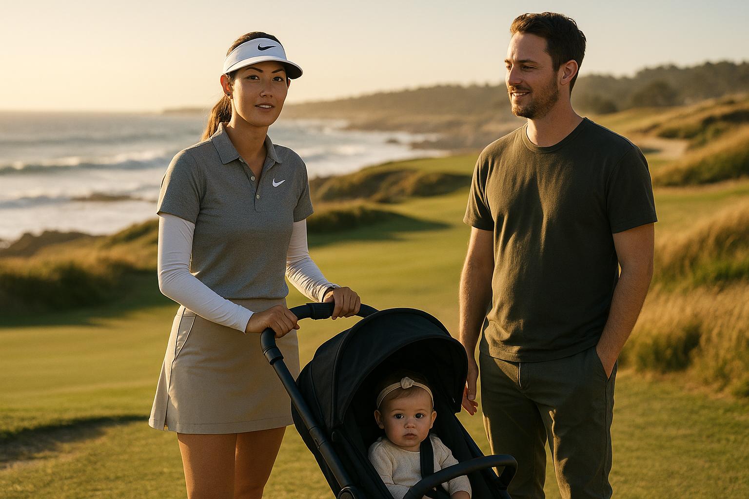 Michelle Wie West with husband Jonnie West and two young children on a golf course at golden hour, documentary-style portrait