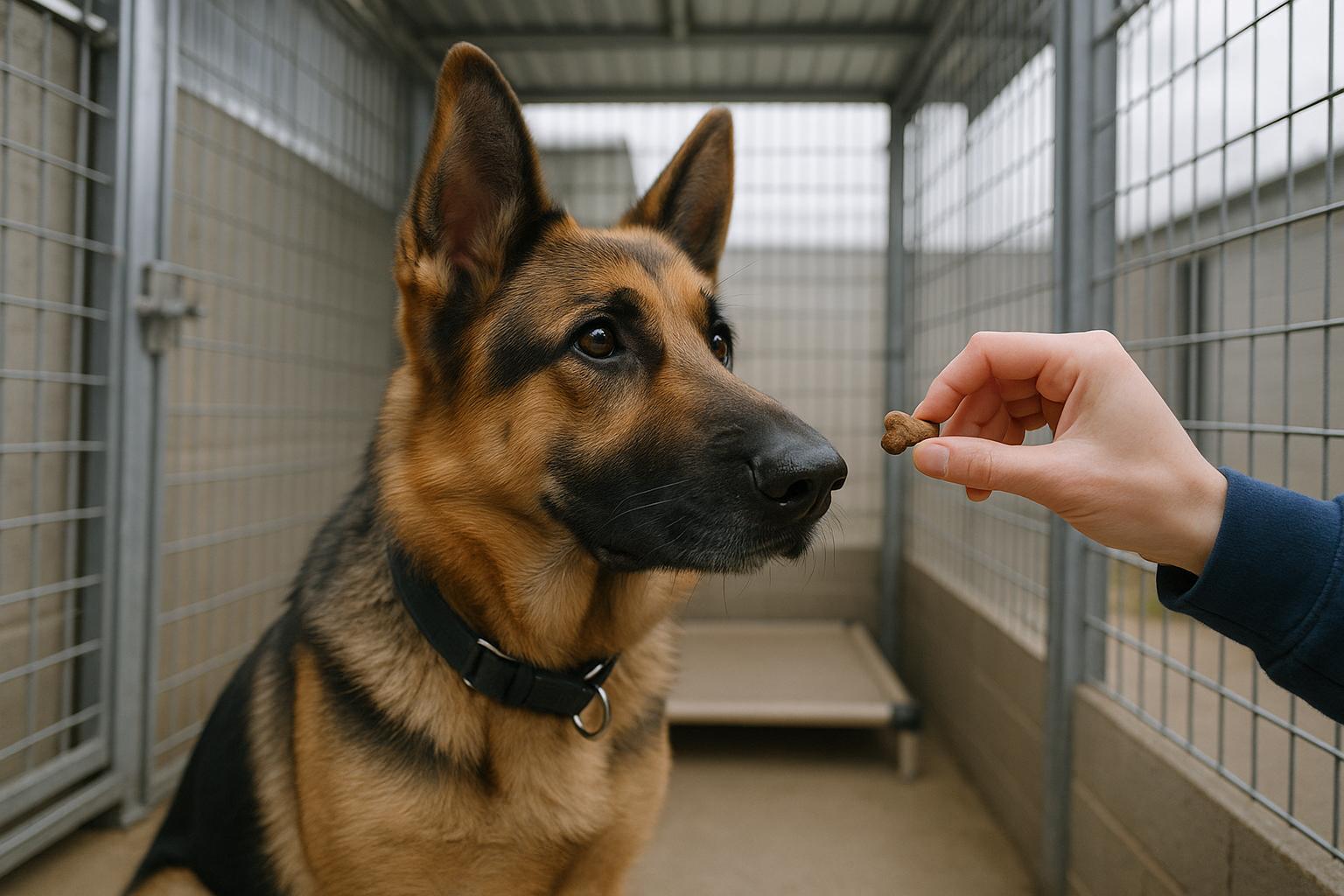 German shepherd in a shelter kennel with a volunteer's hand offering a treat, soft diffused light