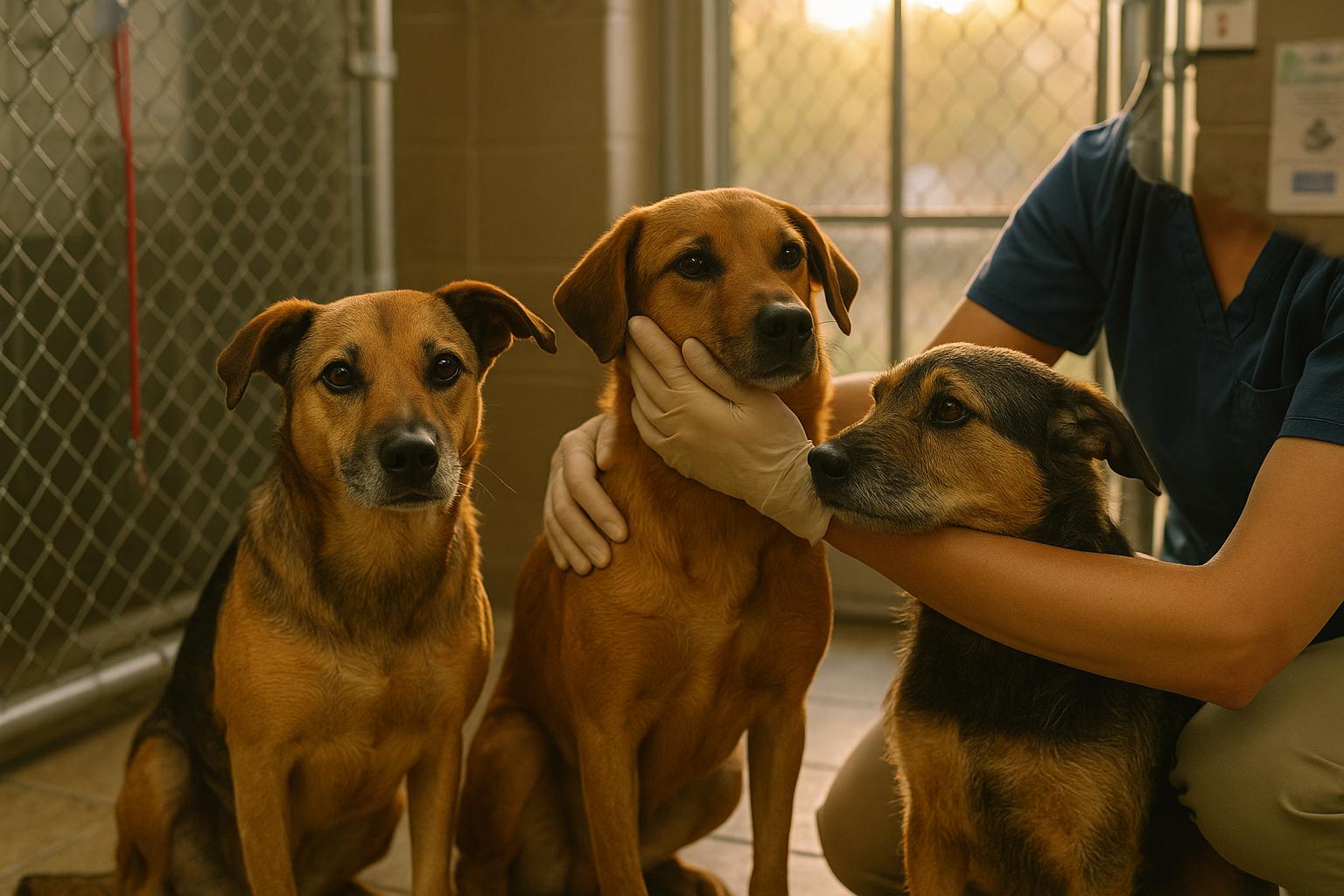 Three mixed-breed dogs in a shelter kennel with a worker and adoption signage, natural window light
