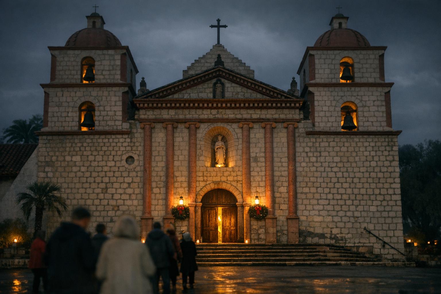Old Mission Santa Barbara exterior at midnight on Christmas Eve with candlelight visible through windows