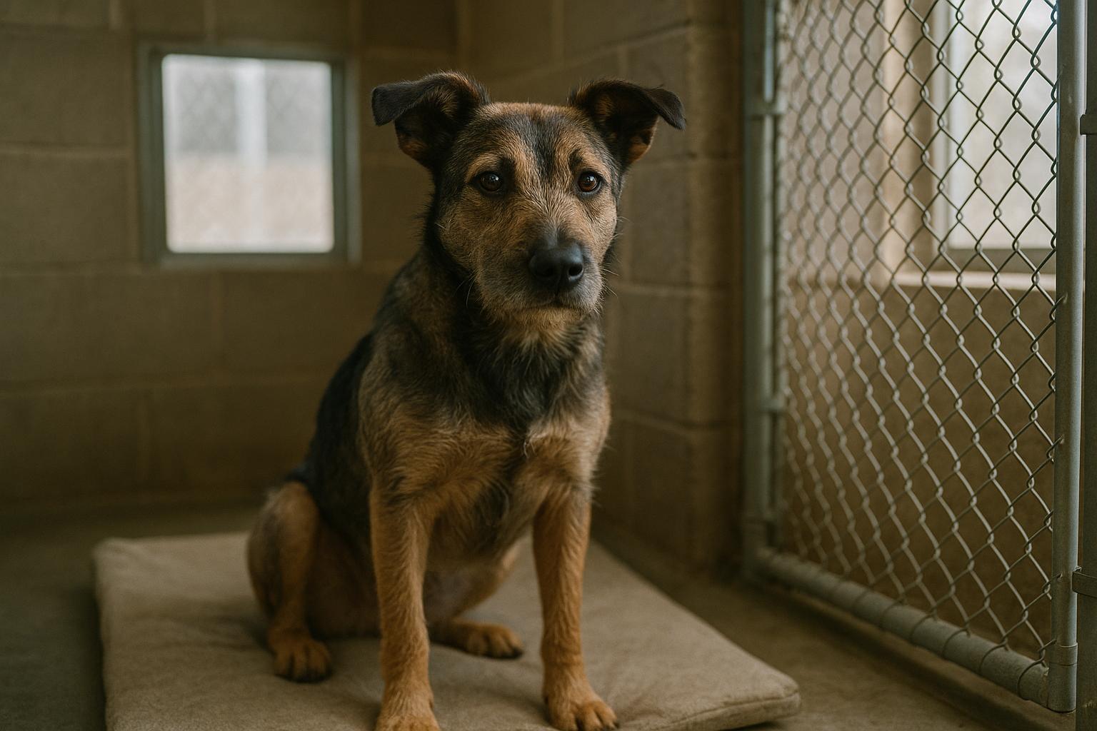Mixed-breed dog sitting calmly in a shelter kennel, looking toward the camera