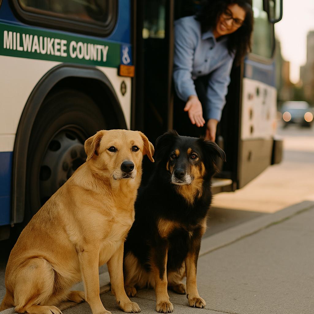Two dogs beside a Milwaukee County Transit System bus with a bus driver kneeling nearby