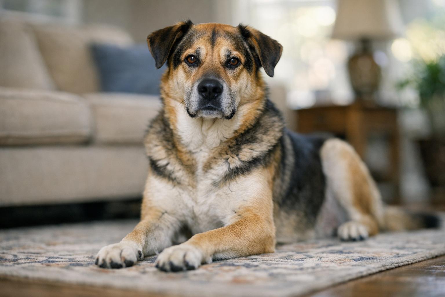A large mixed-breed dog sitting calmly on a living room rug in natural window light