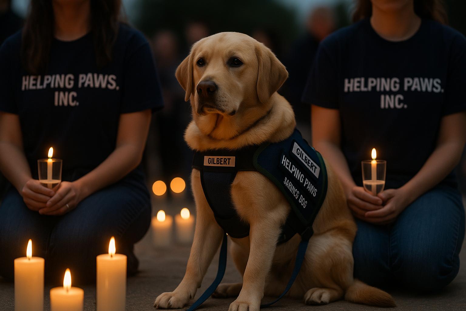 Service dog Gilbert sitting beside volunteers from Helping Paws at a candlelight vigil, evening light