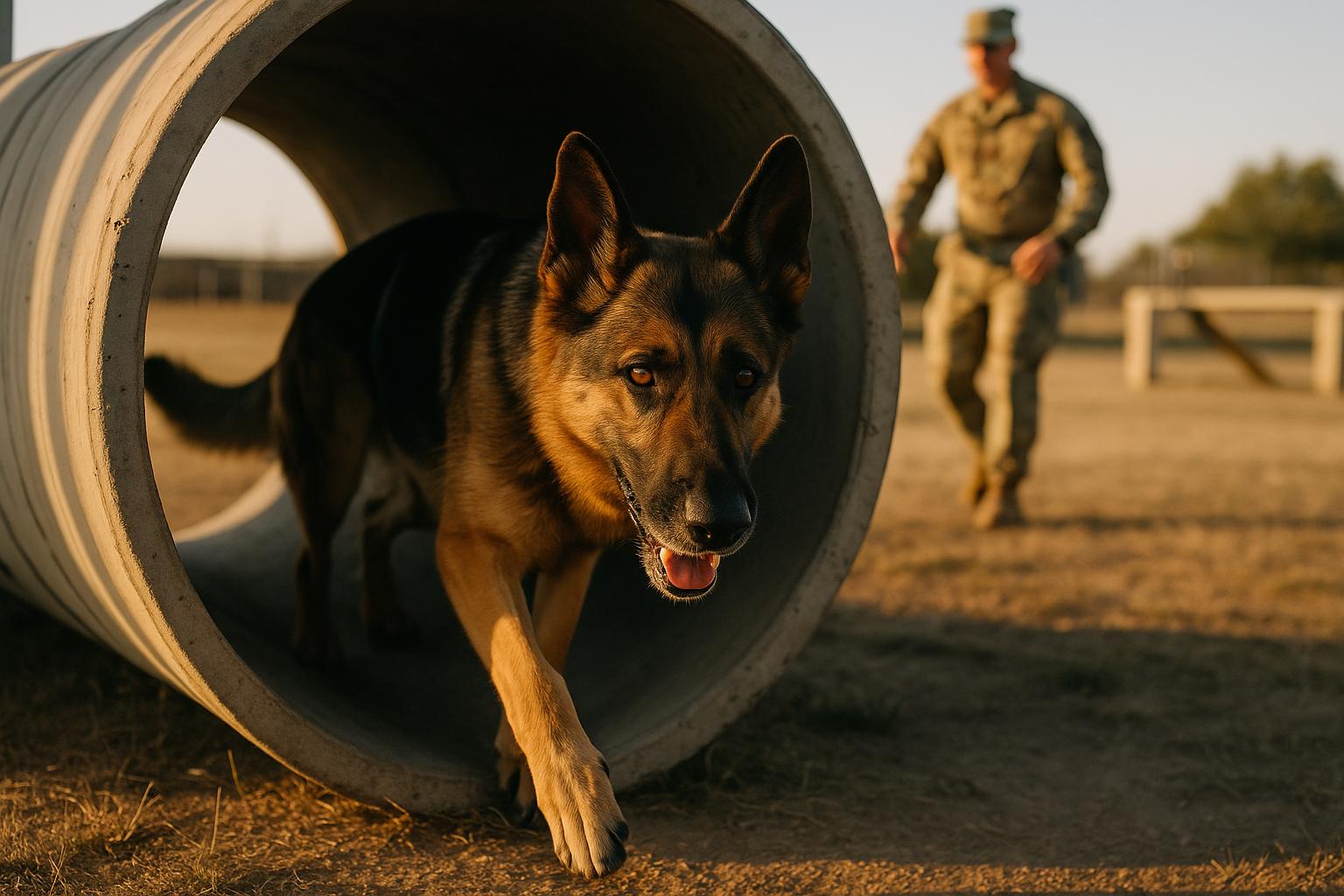 A military working dog at Minot Air Force Base peers out of a tunnel obstacle while a handler in uniform watches.