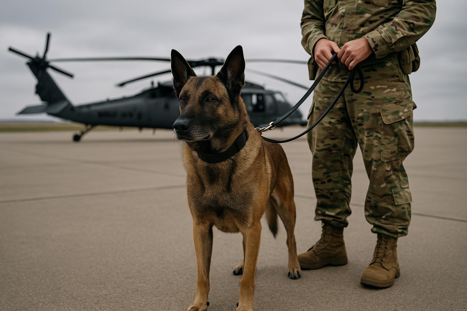 Military working dog on tarmac at Minot Air Force Base with helicopter in background